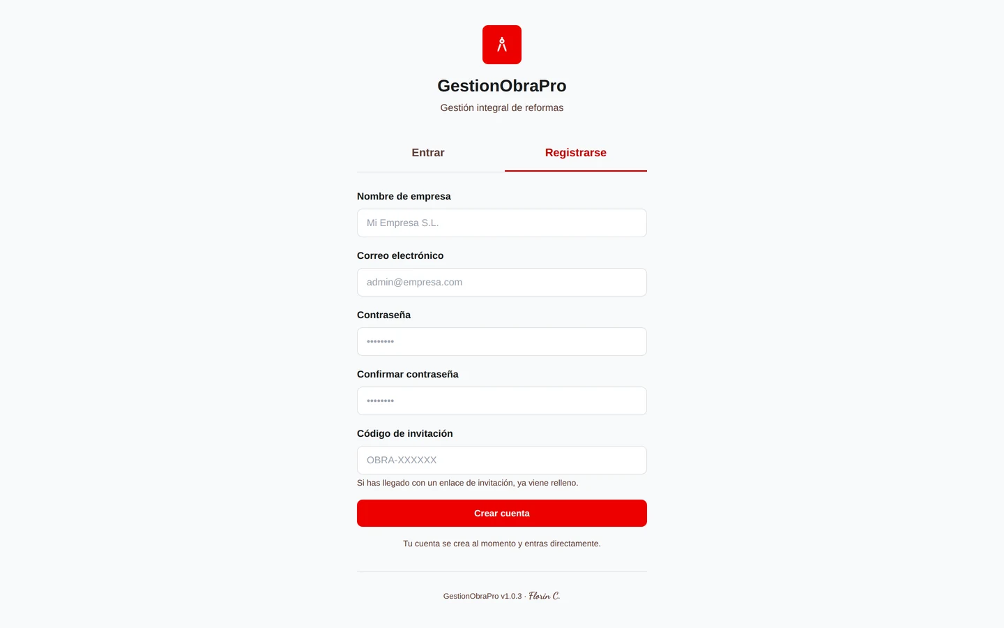 Formulario de registro de una empresa nueva