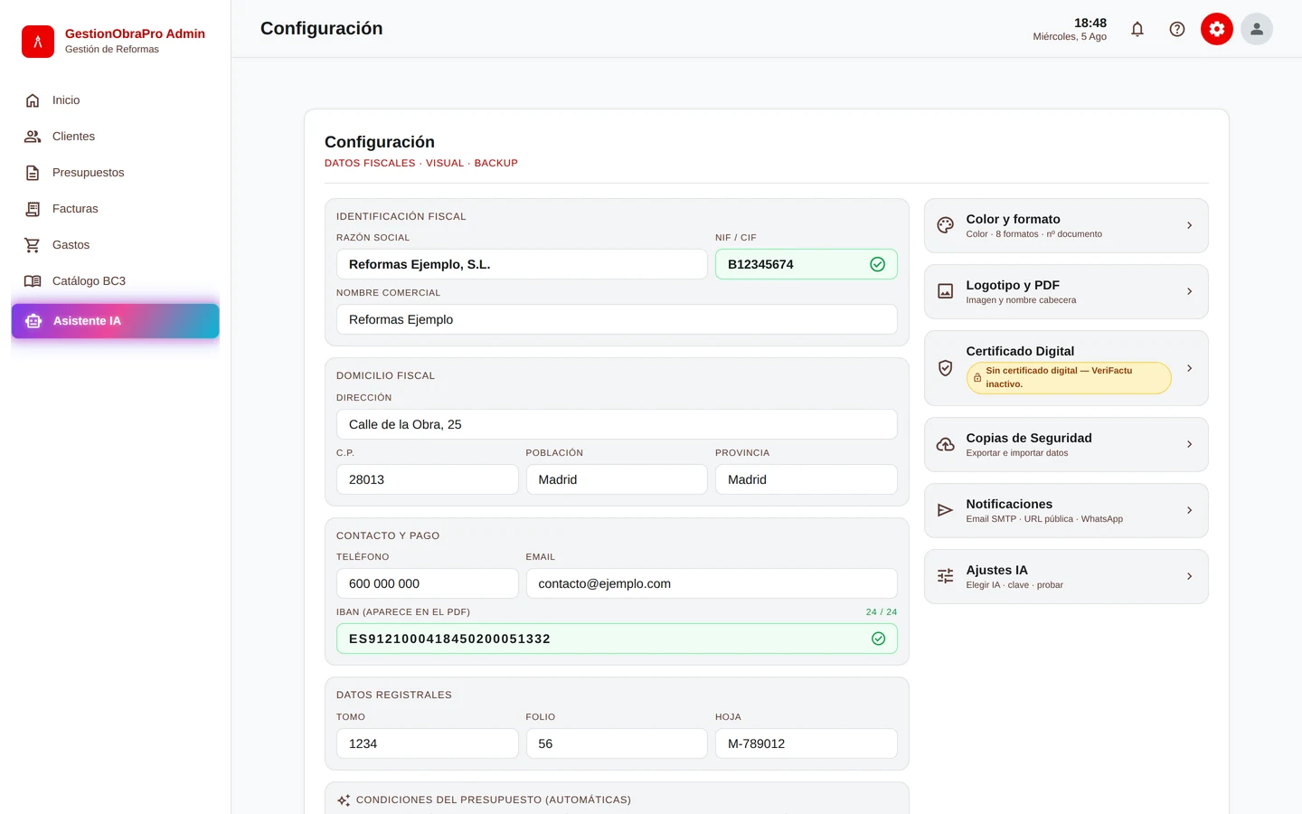 Configuración: identificación fiscal, domicilio, contacto y datos registrales