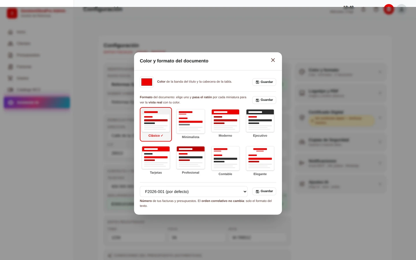 Panel de color y formato del documento