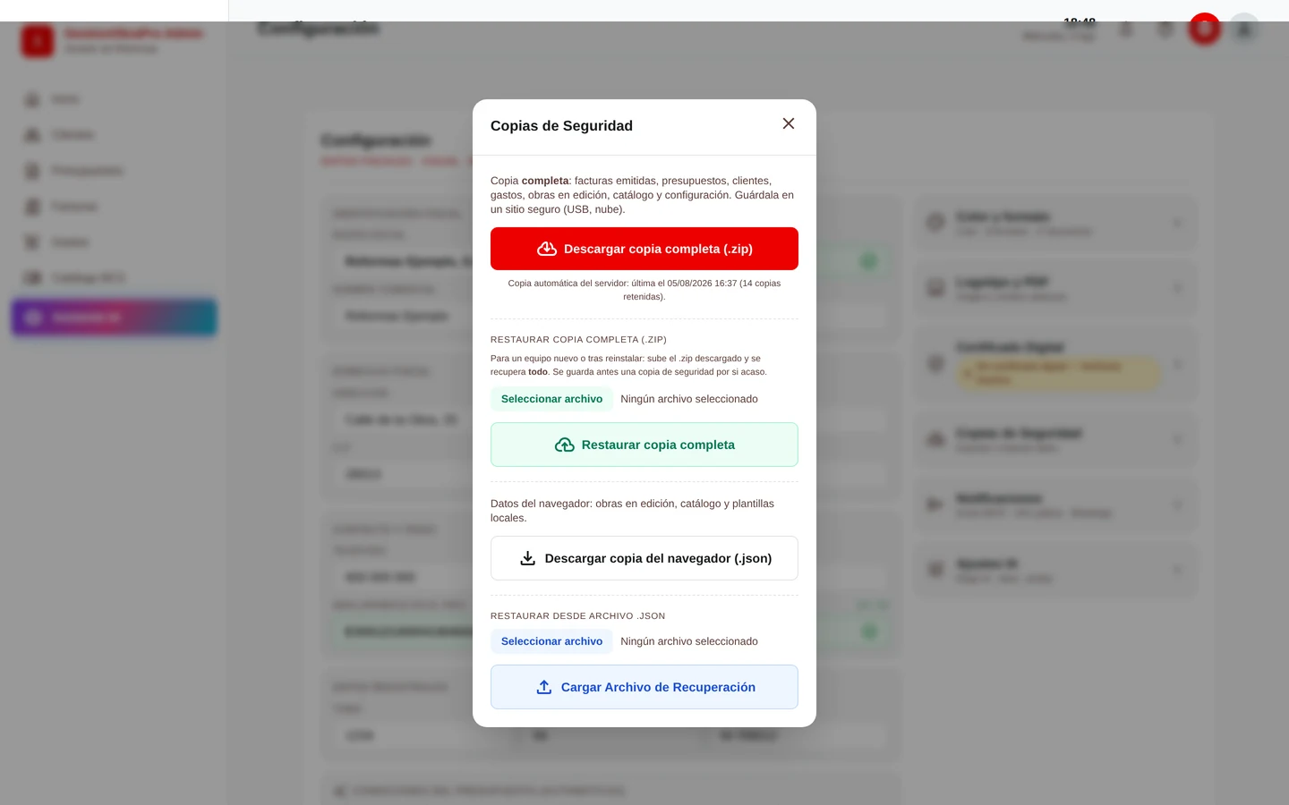 Panel de copias de seguridad