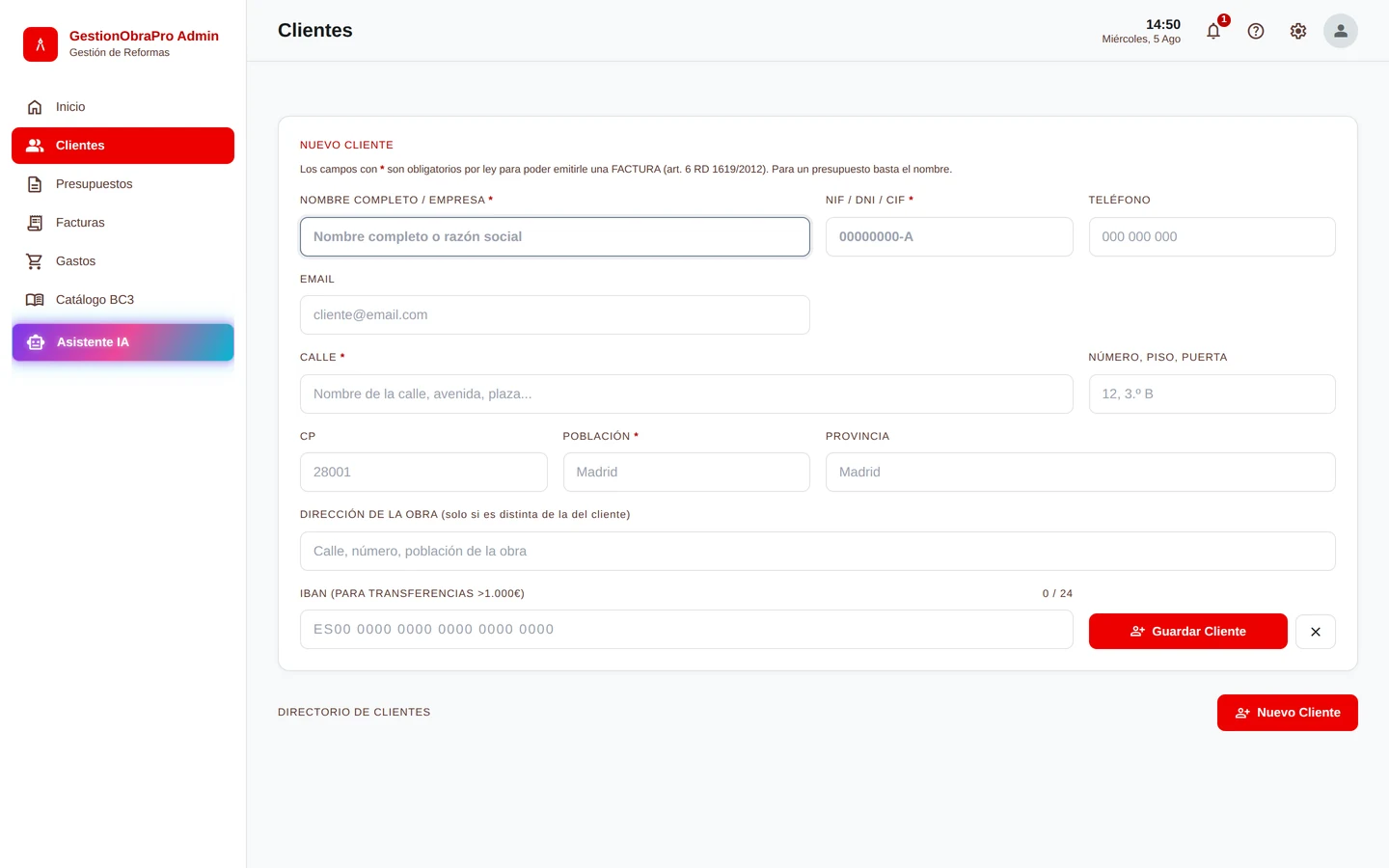 Ficha de cliente vacía