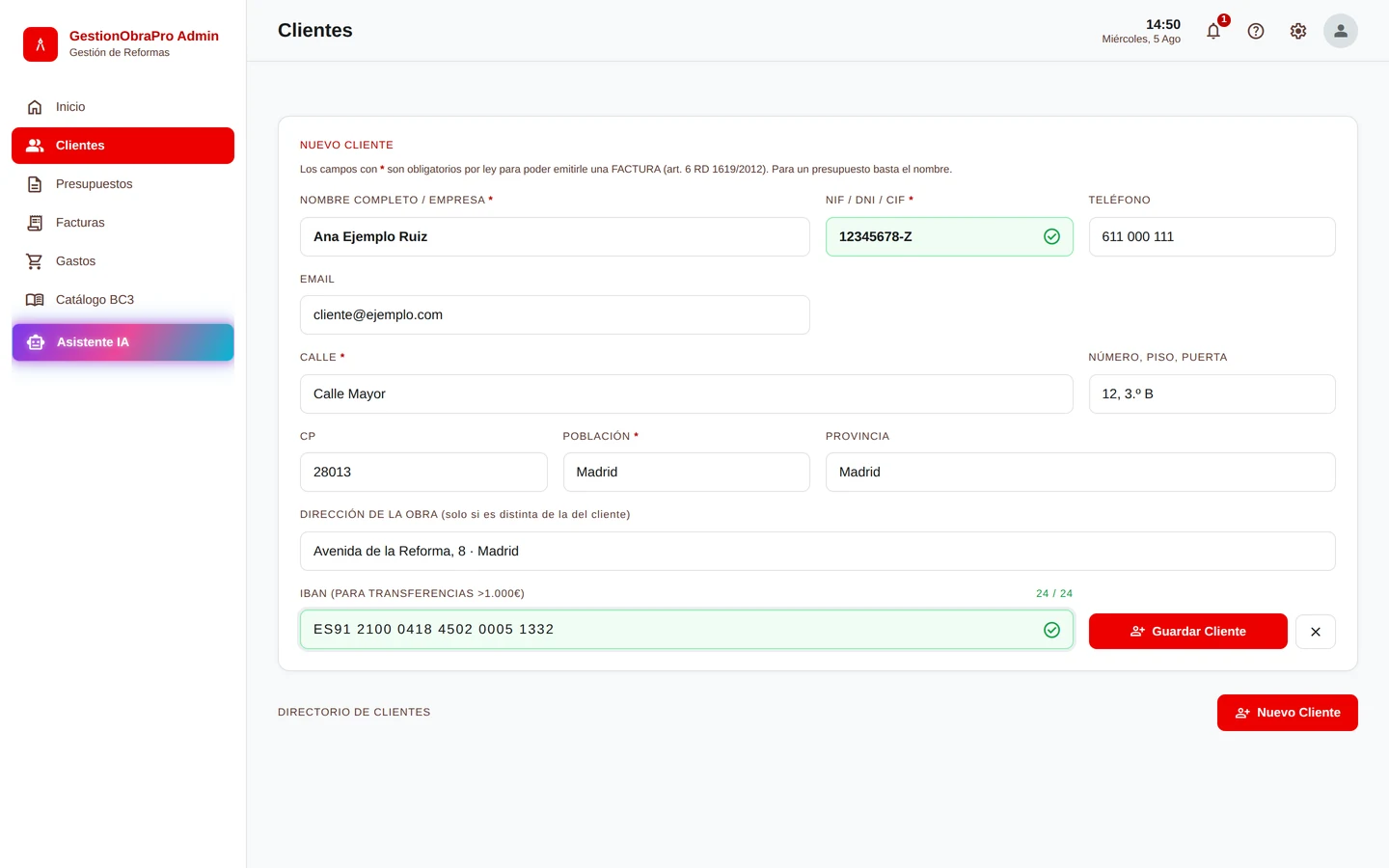 Ficha de cliente rellena con datos de ejemplo