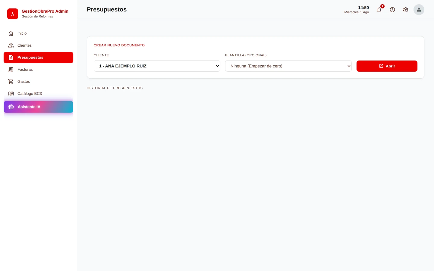 Crear nuevo documento: cliente y plantilla