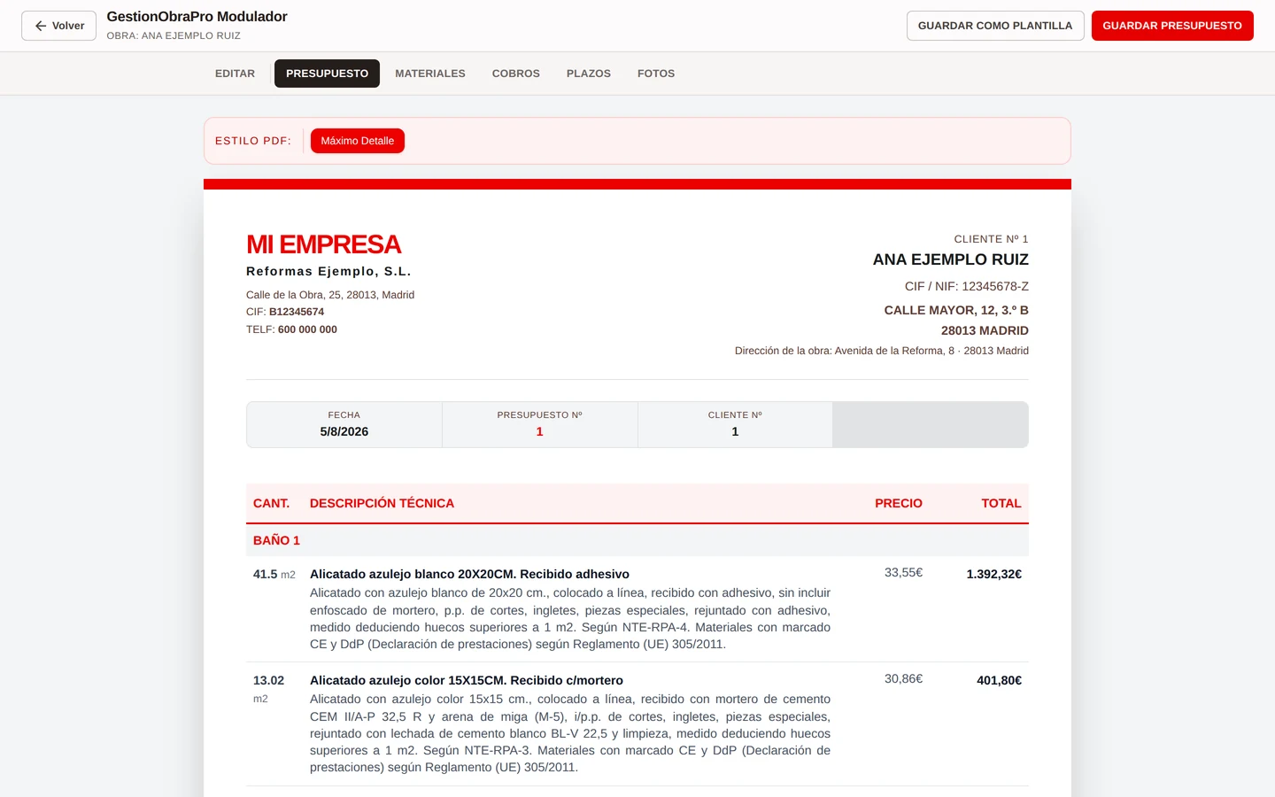 Vista previa del presupuesto
