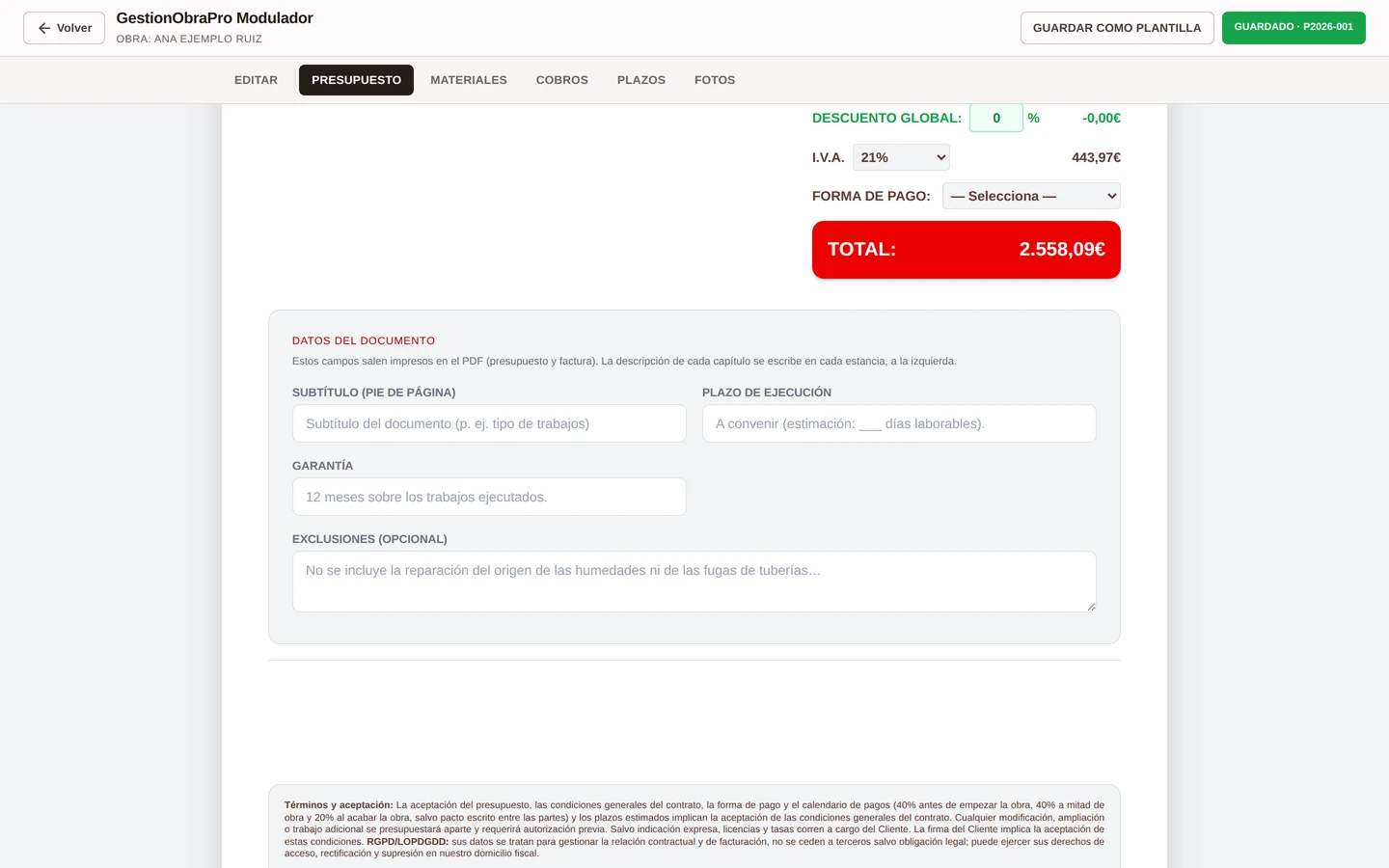 Bloque de totales: descuento global, IVA, forma de pago y total