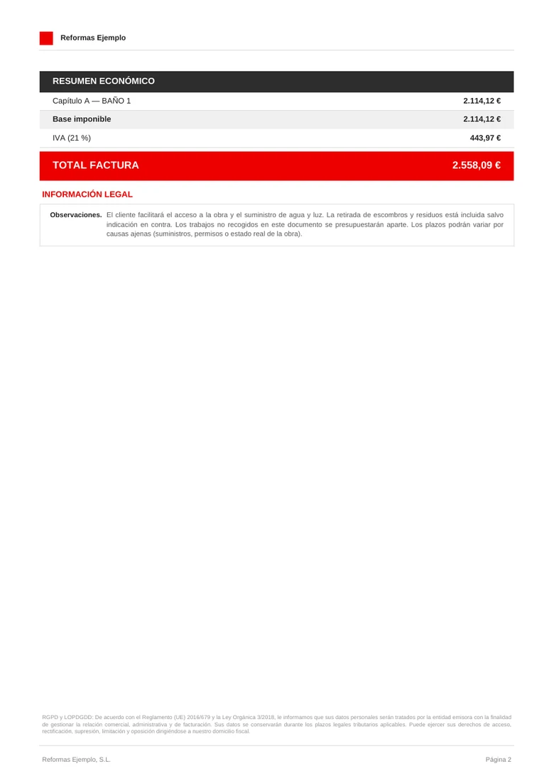 Segunda página del PDF con totales y condiciones